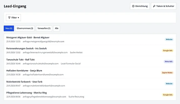 Eingang neuer Anfragen aus Website und Anzeigen