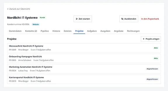 Kundenakte mit Kontakten, Projekten und Belegen